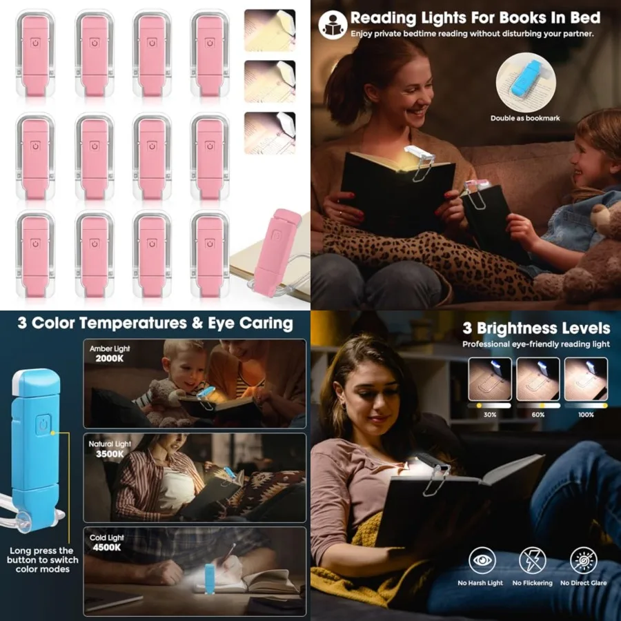 

12 Pack Reading Light, Rechargeable Book Light for Reading in Bed, Clip-On Book Lights with 3 Color Temperature, Bulk Gifts for