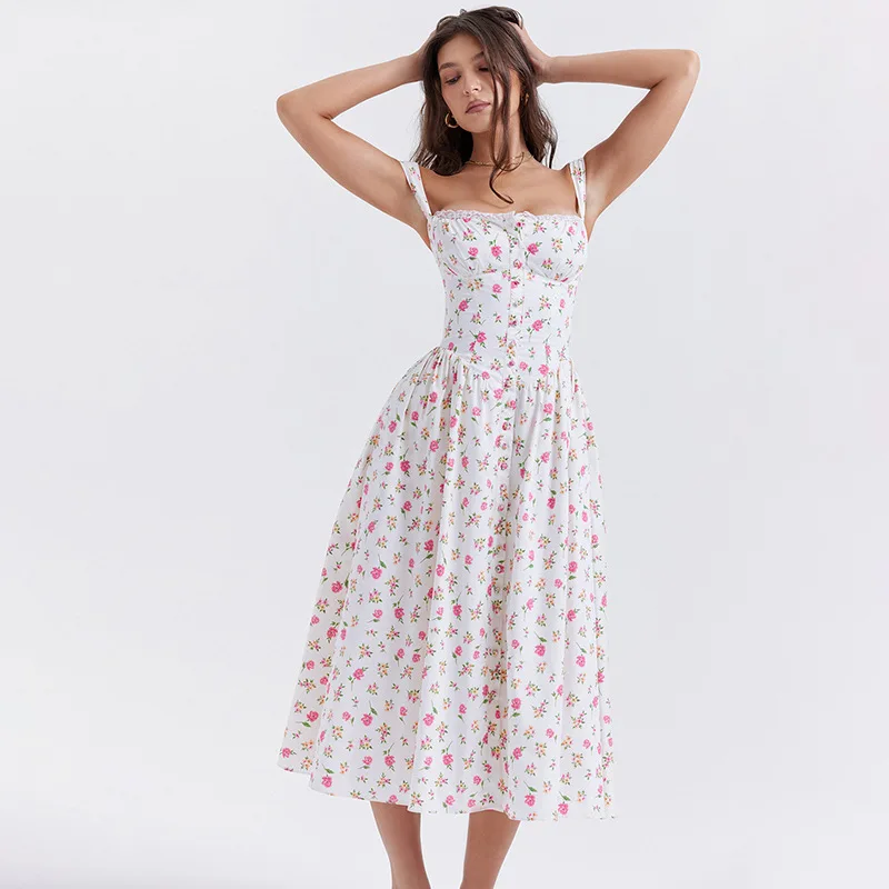 

Spring New Fashion Fresh Long Dress with Strap Flower Print Dress for Women Sling Causal Clothes