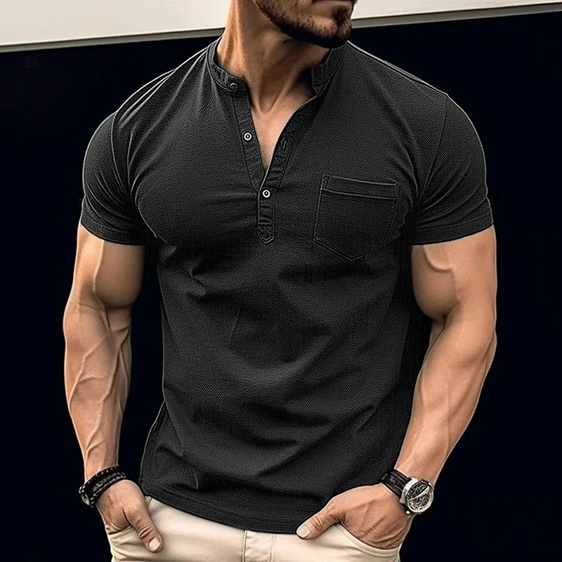 European and American Tops with Pockets Stand Up Collar Basic Short Sleeved Shirt Henry Shirt Men's T-Shirt