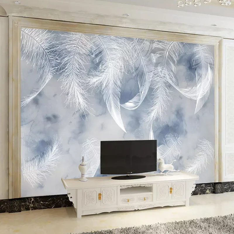 Nordic Hand Painted Small Fresh Blue Feathers Photo Wallpapers Mural Living Room TV Background Waterproof Home Decor Wall Cloth