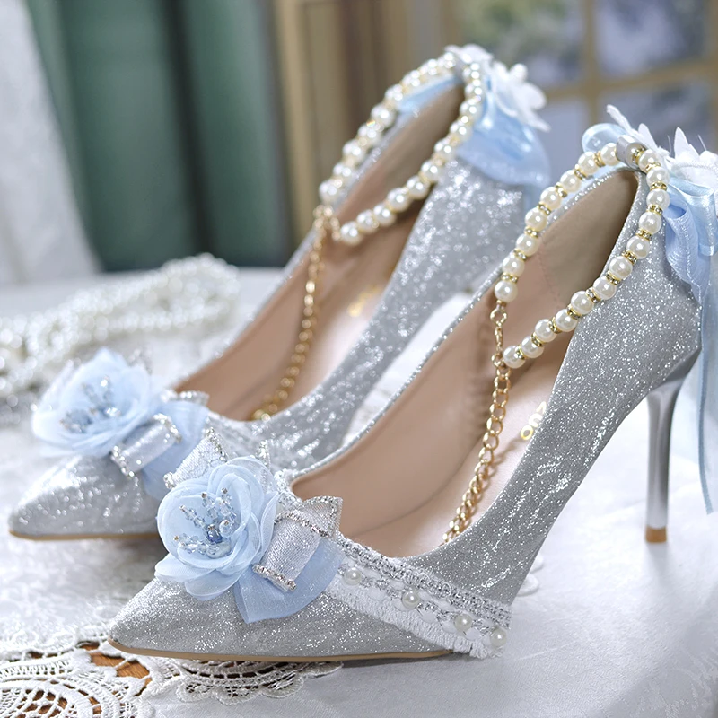 Kawaii Romantic Lolita Shoes Pointed Toe High Heels 8cm Vintage Feminine Flower Wedding Women Sandals