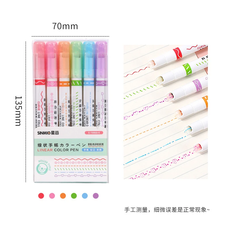 6pcs Line Shaped Highlighter Pens Multi Colorful Roller Tip Curve Liner Marker Highlighter Novelty Stationery School