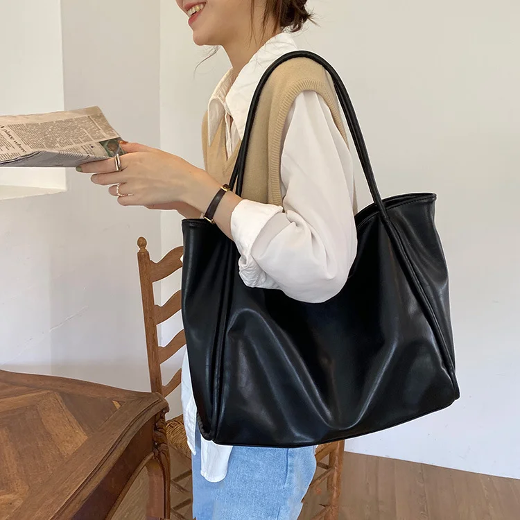 Women Tote Bag Retro Solid Color Underarm Pouch For Student Large Capacity Soft Pu Leather Shoulder Bag Fashion Portable Bucket