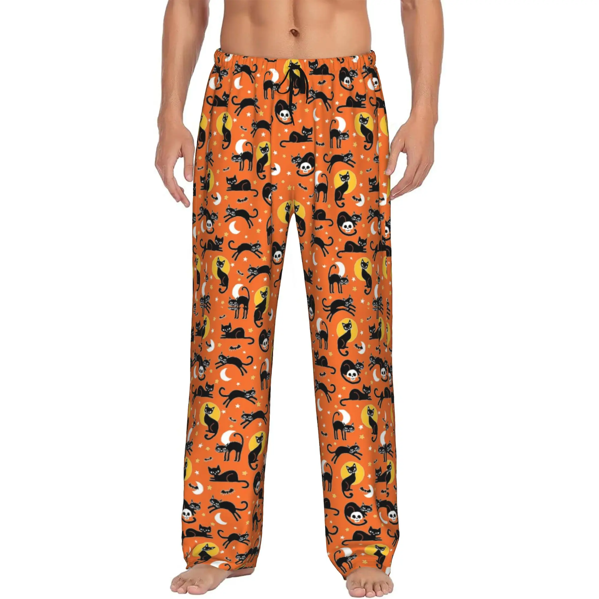 Custom Printed Men Halloween Pattern Bats Cats Boo Pajama Pants  Sleepwear Sleep Lounge Bottoms with Pockets