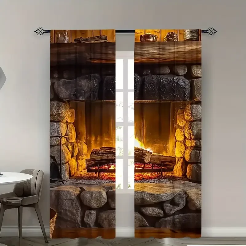 Realistic Fireplace Curtain Backdrop for Home Decor Living Room Rustic Stone Mantel Window Curtain