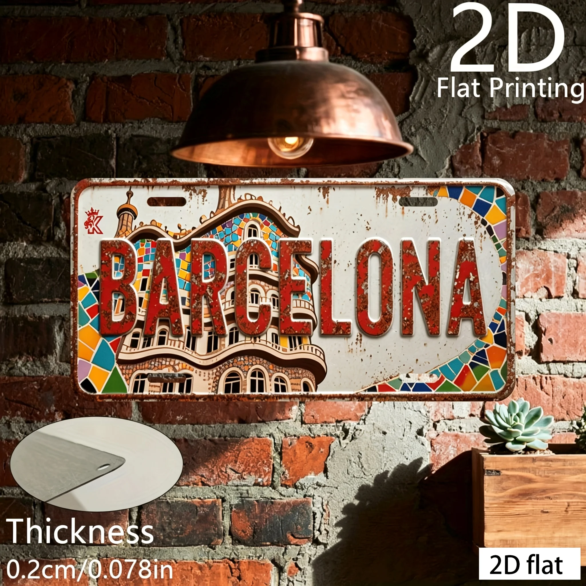 2D Flat - 1pc, 2D Flat, for Decoration Solely, 2D Flat Printing, Retro Sign, Decorative Plaques And Ornaments, Barcelona Them