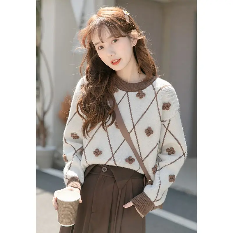 American Short Diamond Checkered Three Dimensional Decorative Pullover Knitted Sweater for Women Spring and Autumn Outerwear Top