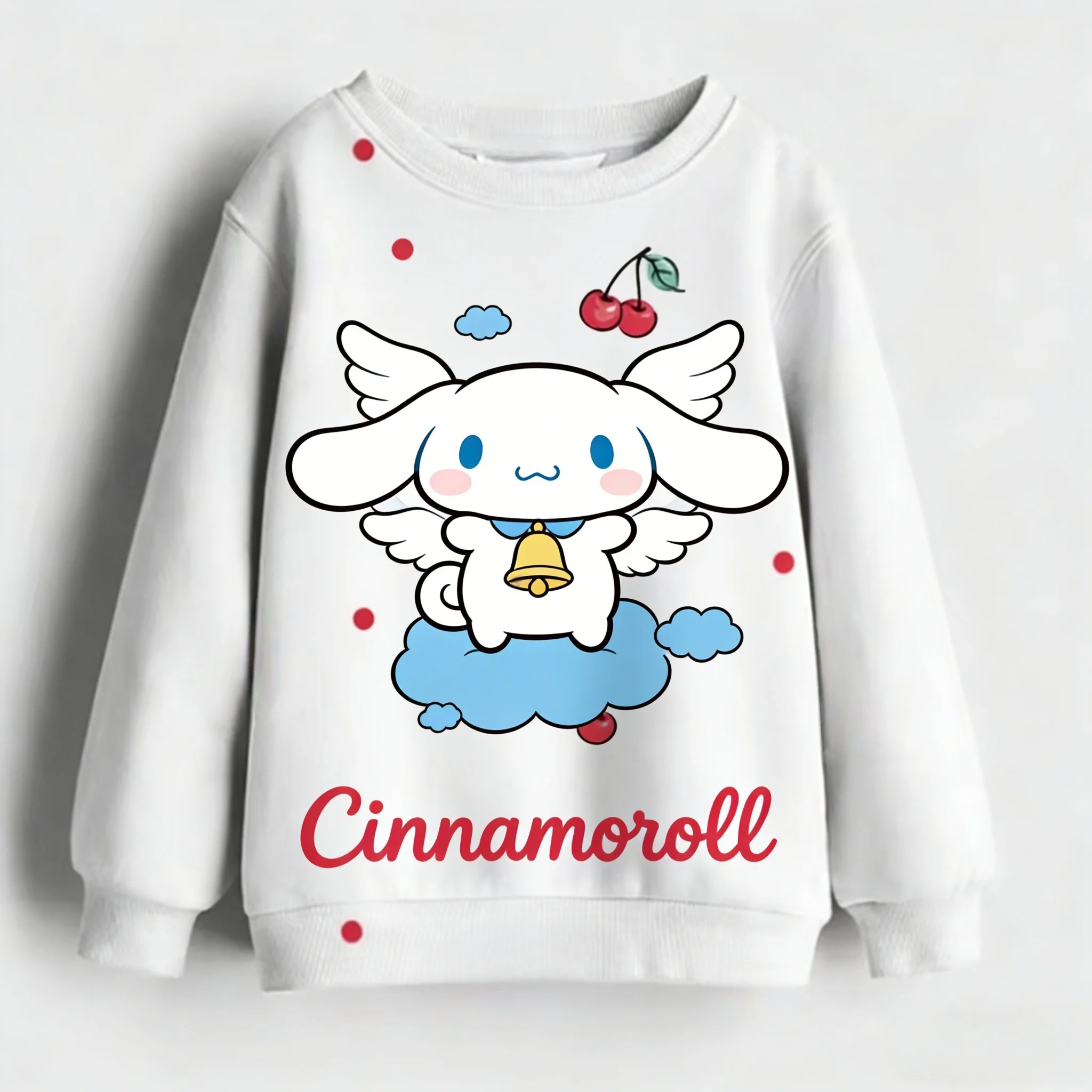 

La chica de 2025 Hello Kitty kuromi estampado suéter de cuello redondo, dibujos animados y cuello redondo, blusa de niña