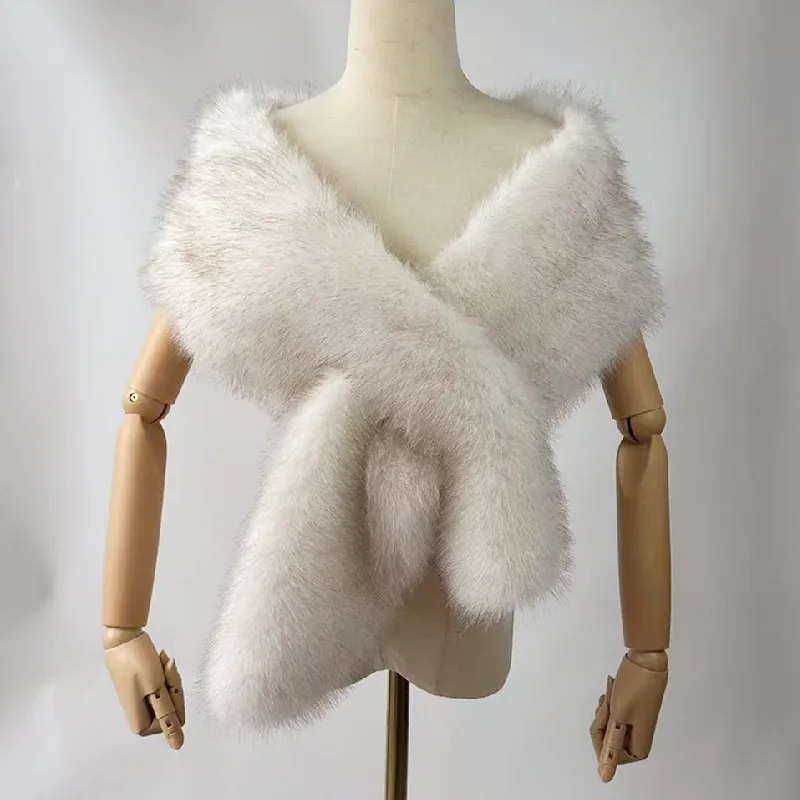 Women Faux Fox Fur Extended Shawl Collar Winter Plush Fake Fur Cross Over Collar Wrap Scarf Warm White Detachable Coat Accessory