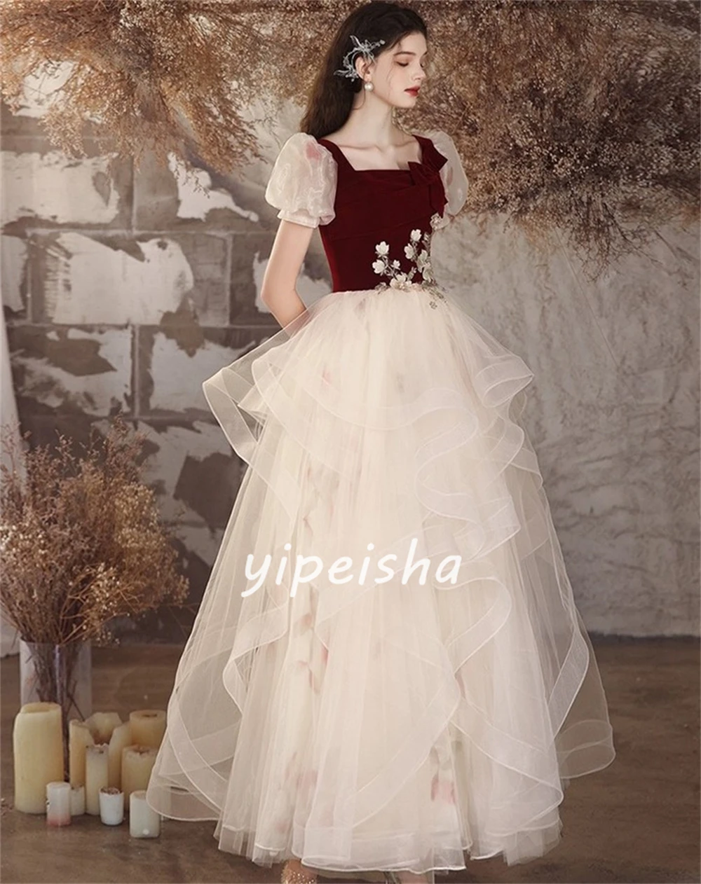 Organza Applique Bow Tiered Evening A-line Square Neck Bespoke Occasion Gown Long Dresses