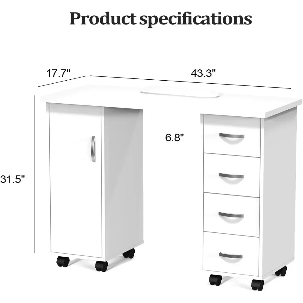 Manicure Table Nail Desk w/Cabinet, Drawers, Wheels & Arm Rest, Spa Salon Beauty Home Wooden Technician Workstation Nail Art