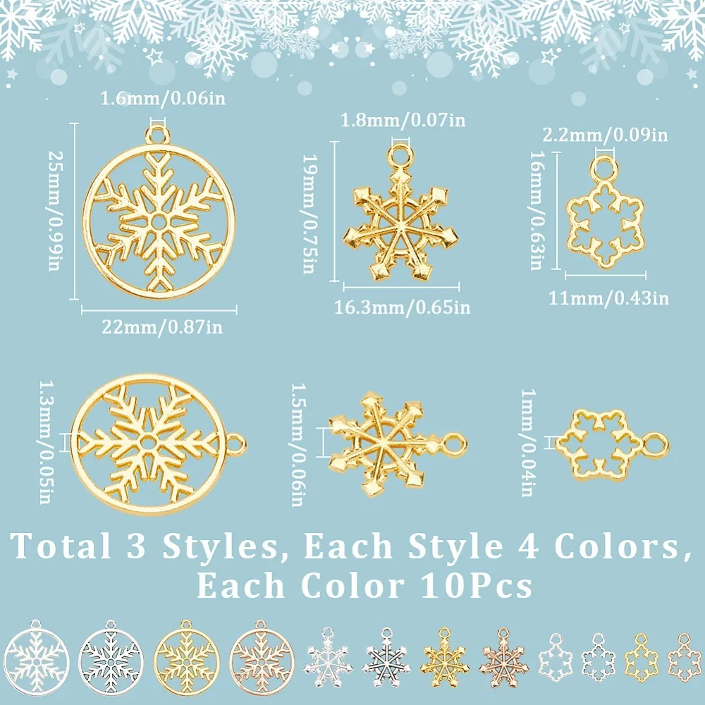 120 piezas de 12 estilos de colgantes de aleación con forma de copo de nieve, colores mixtos, 16~25x11~22x1~1.5mm, agujero: 1.6~2.2mm, 10 piezas/estilo