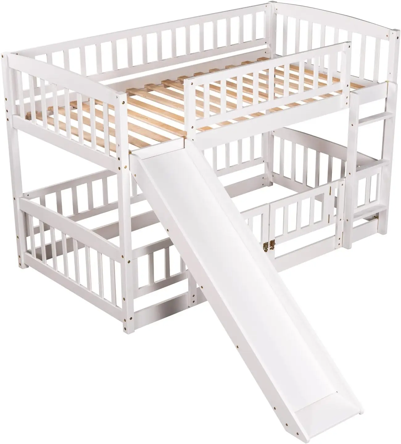 Low Bunk Bed With Slide Twin Over Twin Bunk Beds For Kids Toddlers, Wood Floor Beds Frame With Rails For Boys Girls Teens,