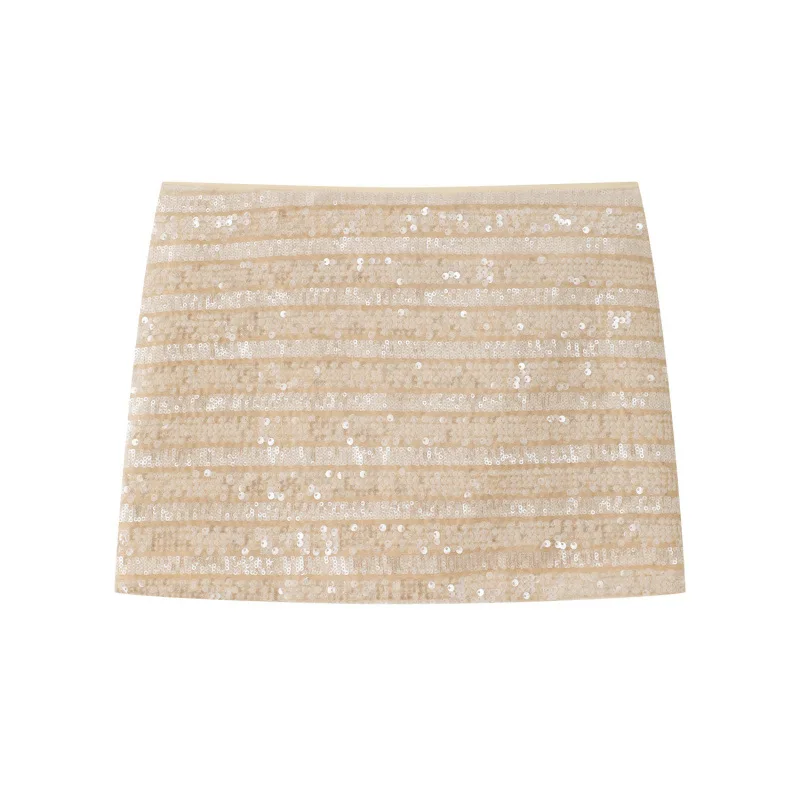 New Arrival Women's Casual Striped Sequin Midi Skirt, Low-rise Hip-wrapping Mini Skirt, Elegant Apricot A-line Skirt