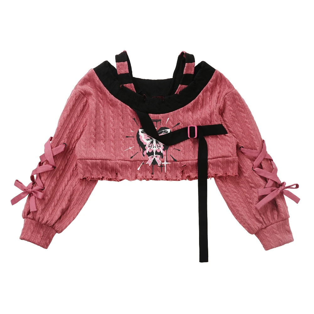 Original Design Irregular Butterfly Knit Lace-up Pink Black Knitwear Sweater Y2K Girls Skirt Trousers Fashion Pants Set Outfits