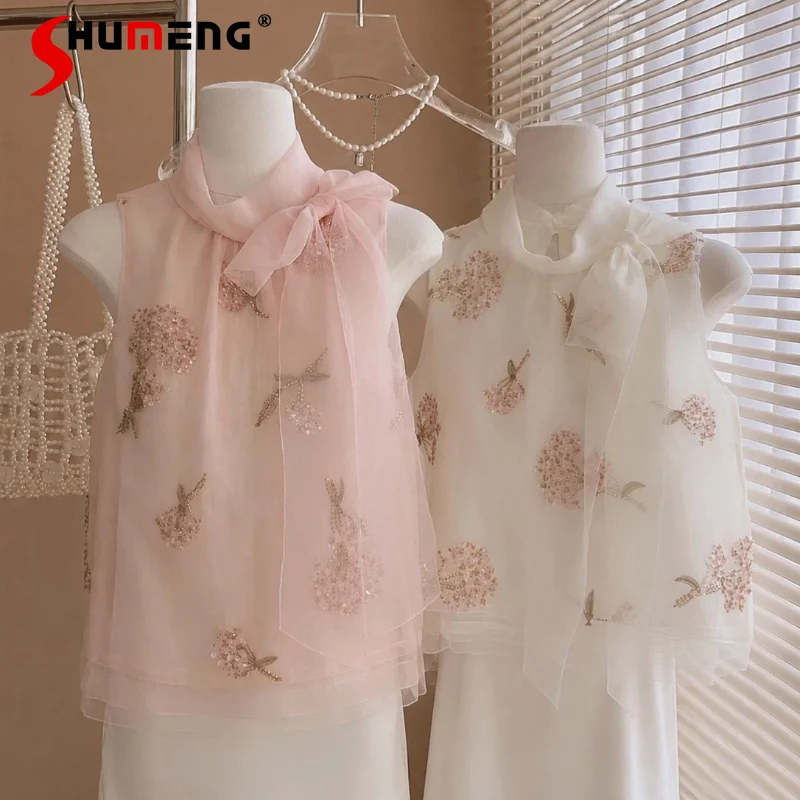 

Women's 2026 Summer Bow Sleeveless Vest Tops Fashion Beaded Flower Vests Feminine Stylish Comfort Thin Elegant Shiny Tank Tops