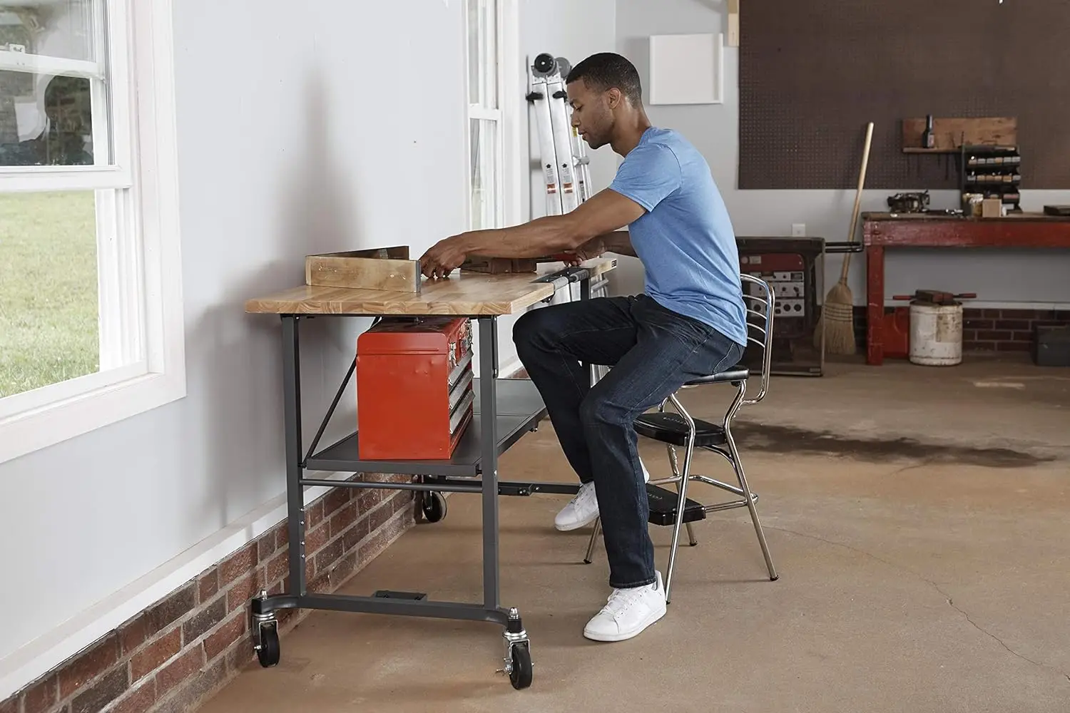 Retro Counter Chair/Step Stool, Sliding, Red
