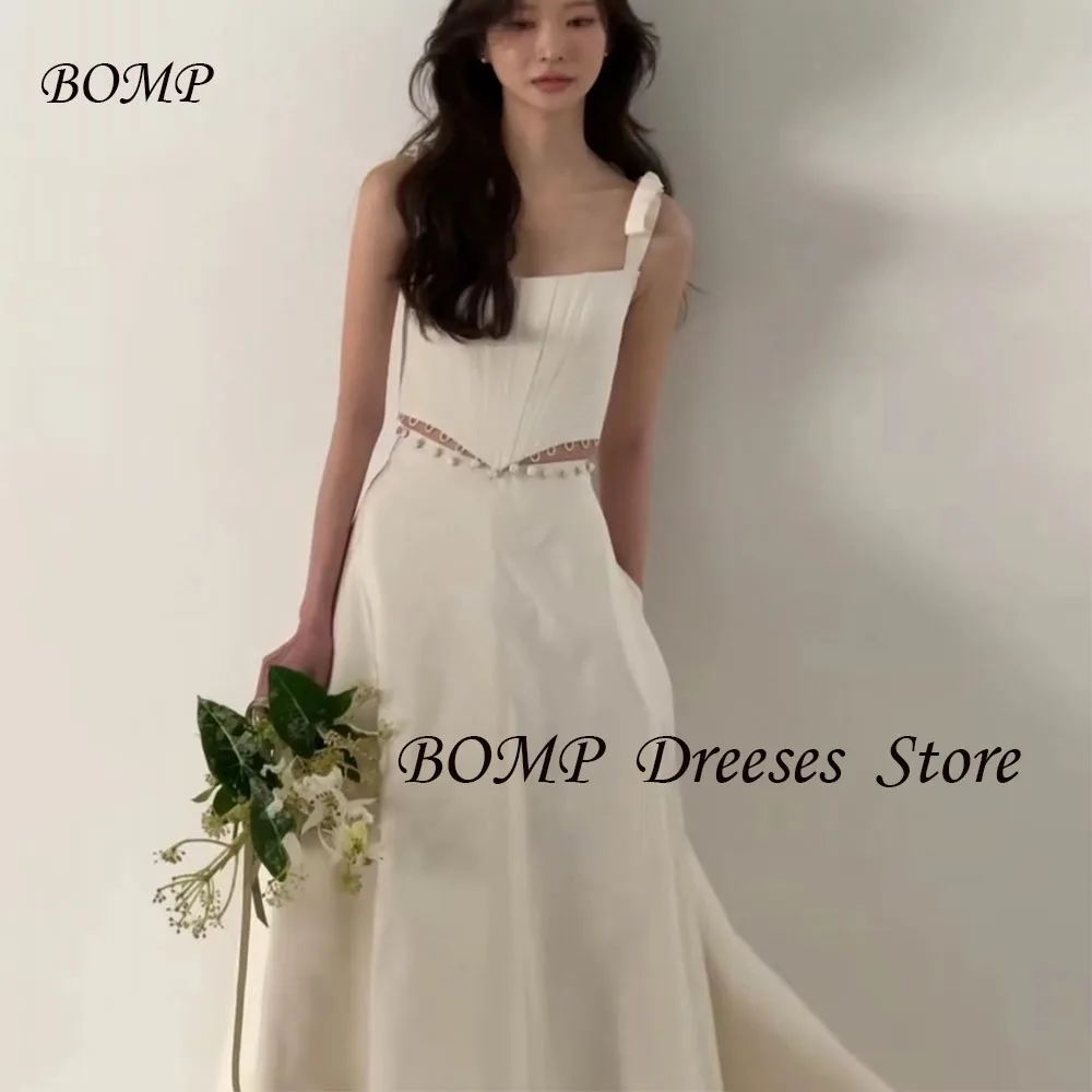 

BOMP Simple 2PCS Button Korea Wedding Party Dress Spaghetti Strap Bow Draped Taffeta Photo Shoot Bridal Gown Customized 웨딩드레스
