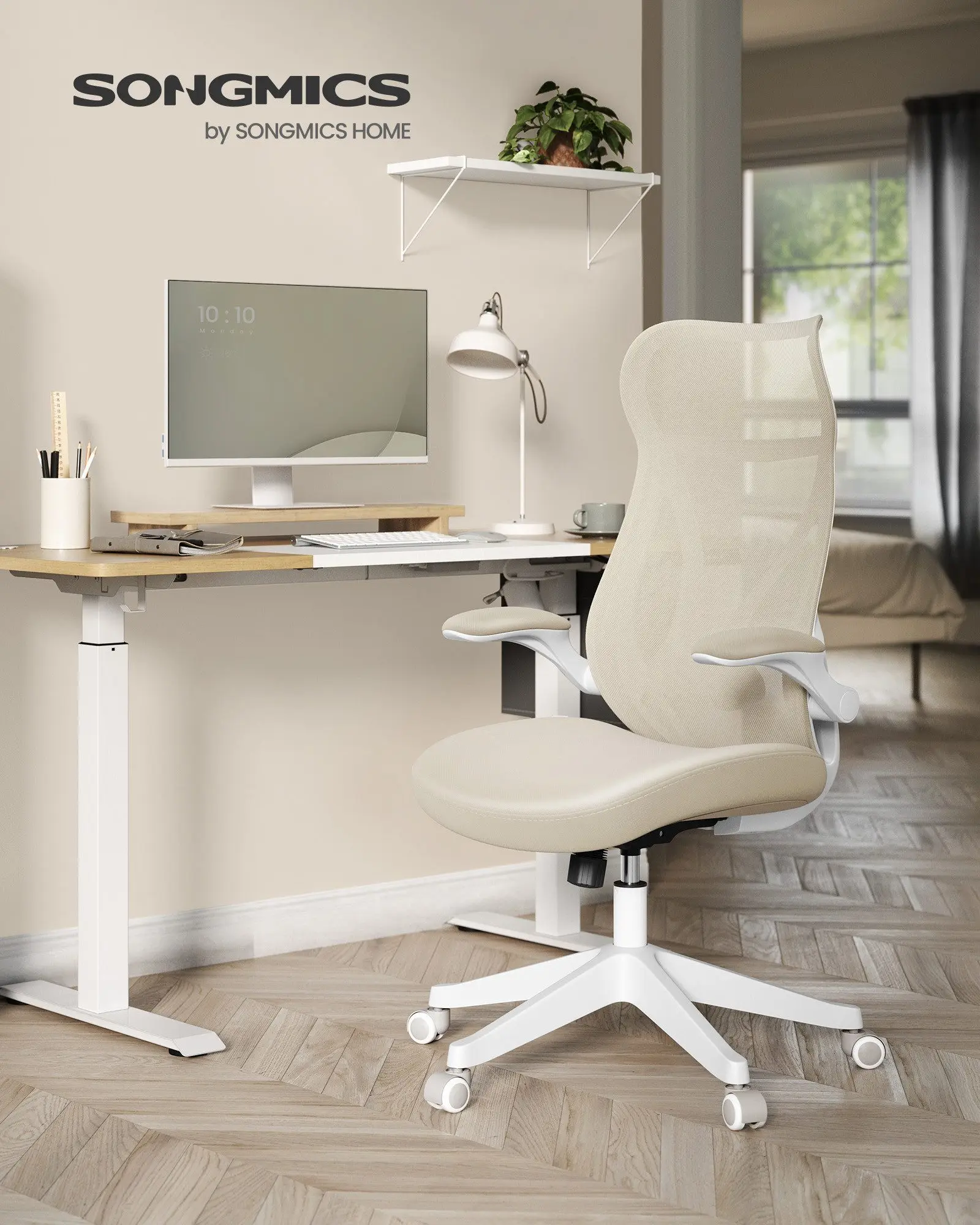 SONGMICS office chair, desk chair, ergonomic backrest, folding up armrests