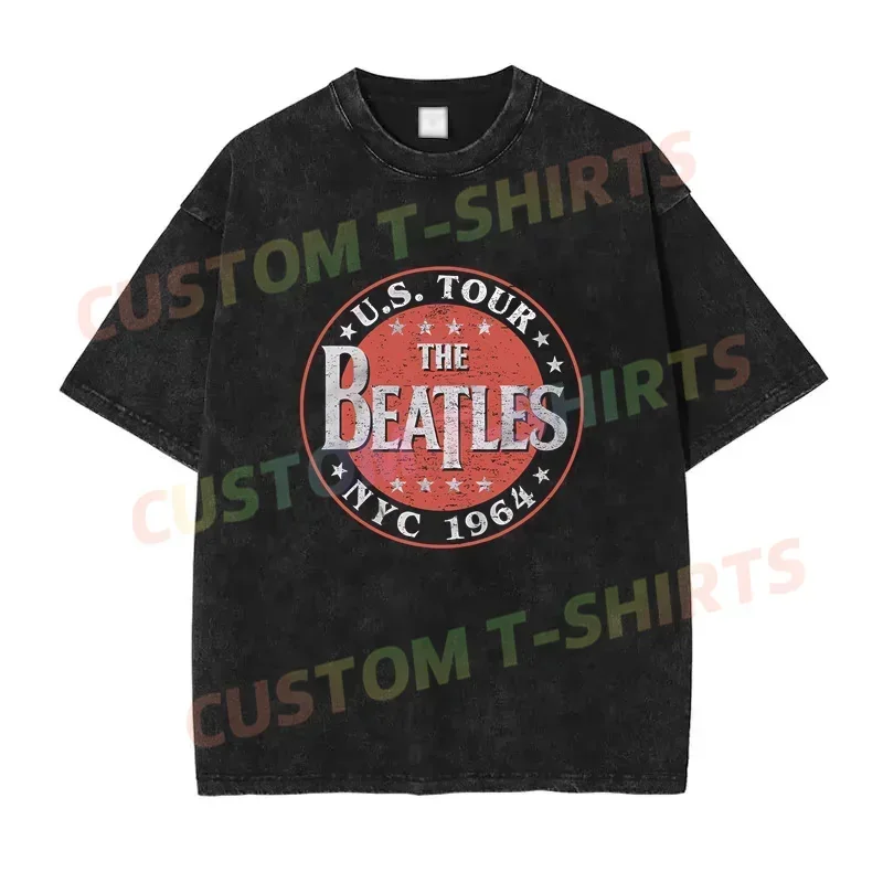

2025 Summer Vintage Cotton Washed Rock The Beatle 1964 North American Tour T-Shirt Loose T Shirts Men Y2K Hip Hop Top Tee