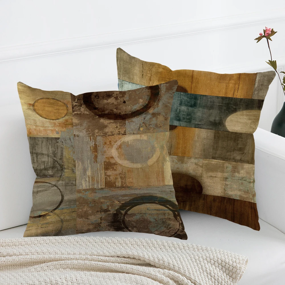 Brown Teal Geometric  Print Linen Throw Pillowcases Boom Single Printed Pillow Cover For Living Room Bedroom Couch Sofa