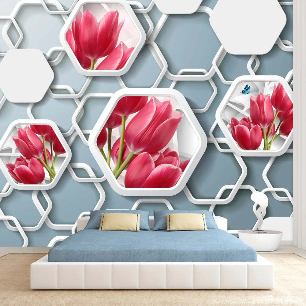 

Custom Peel and Stick Wallpaper Accept for Bedroom Walls Livging Room Decoration Flower Tulip Geometry 3d Wall Papers Home Decor