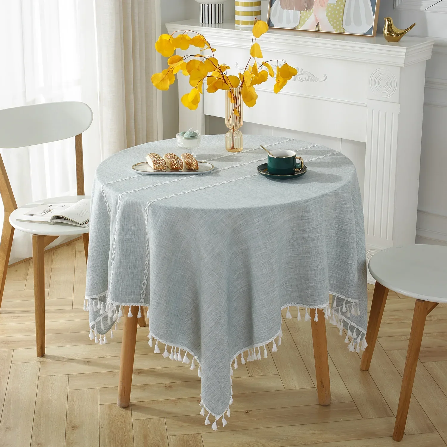 Nordic Round Tablecloth Striped Reading Table Dining Table Cloth Solid Color Cotton Linen Three-dimensional Embroidered