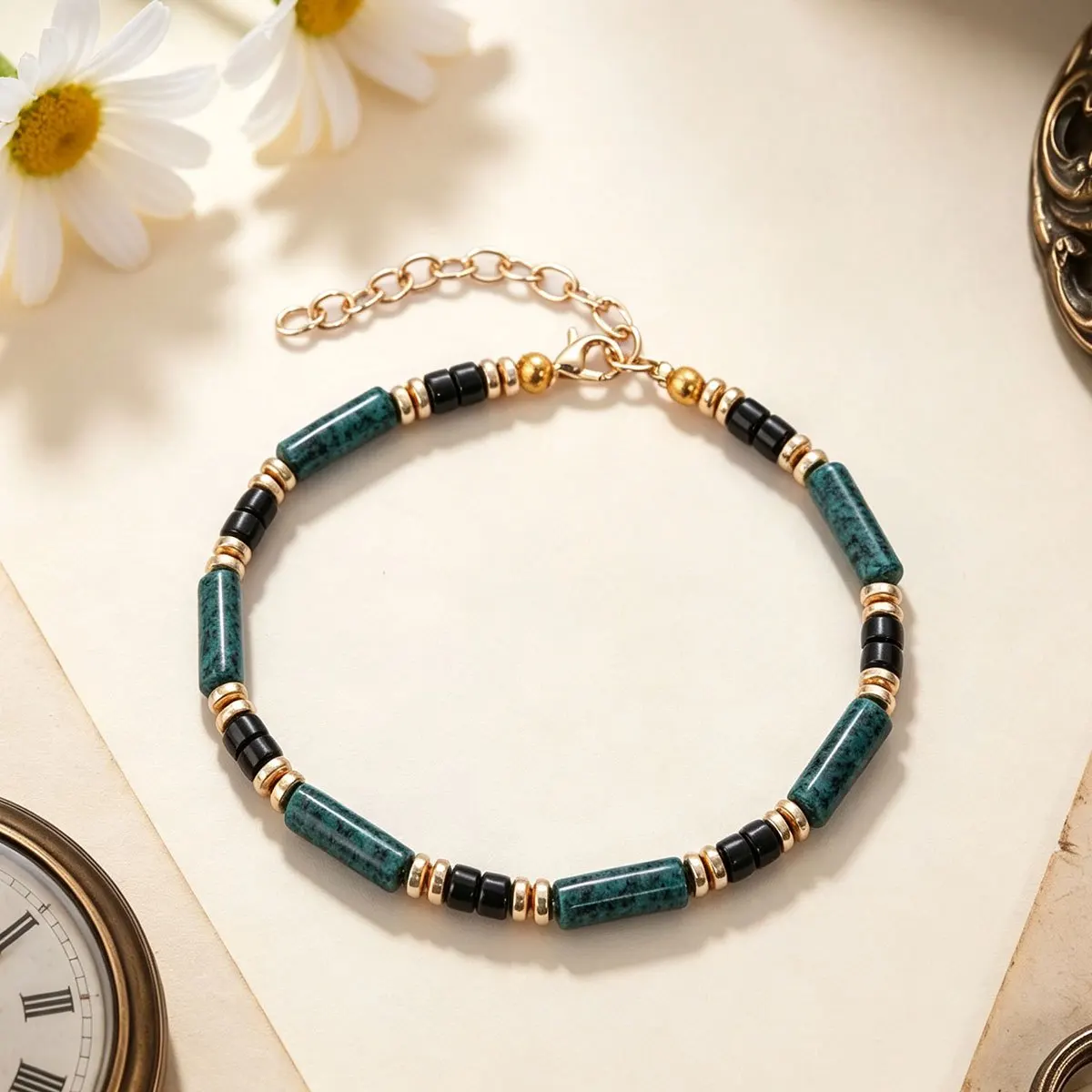 1pc Leisure style African turquoise 6mm tube bead bracelet, symbolizing a new beginning, adjustable buckle, unisex jewelry