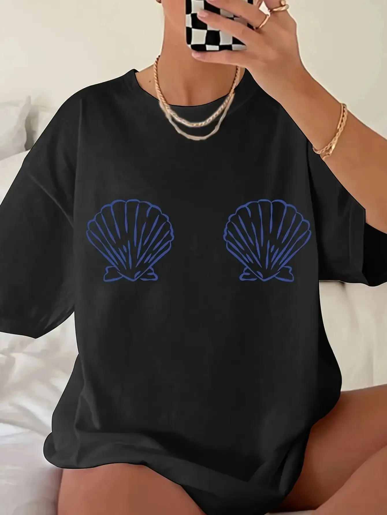 Women'S White Blue Seashell Print Crew Neck T-Shirt Breathable Sleeve Fashion Harajuku Kawaii T-shirt Women's Y2K Clothing ﻿