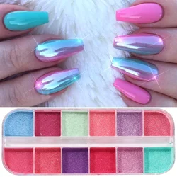 12Grids Colorful Mirror Nail Glitter Shimmer Mermaid Pearl Powder Chrome Pigment Fine Rubbing Dust Reflective Fariy Polish Decor
