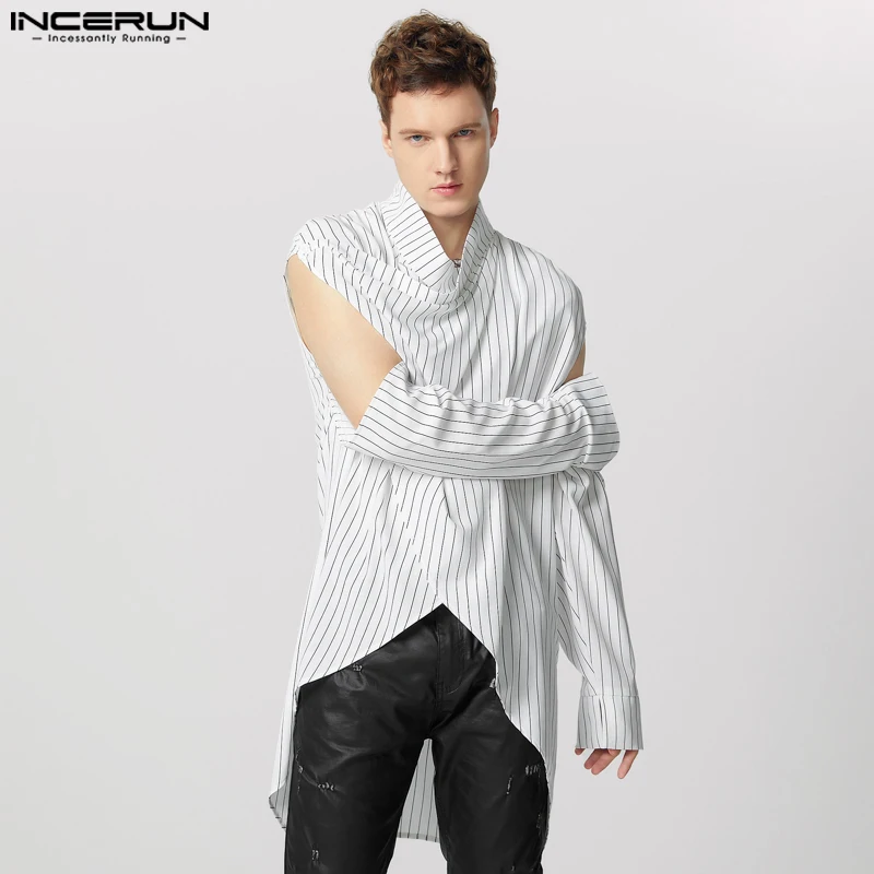 INCERUN, nuevas camisetas con estilo para hombre, camisas con diseño cruzado ahuecado a rayas, blusa de manga larga para hombre guapo, superventas, S-3XL 2025