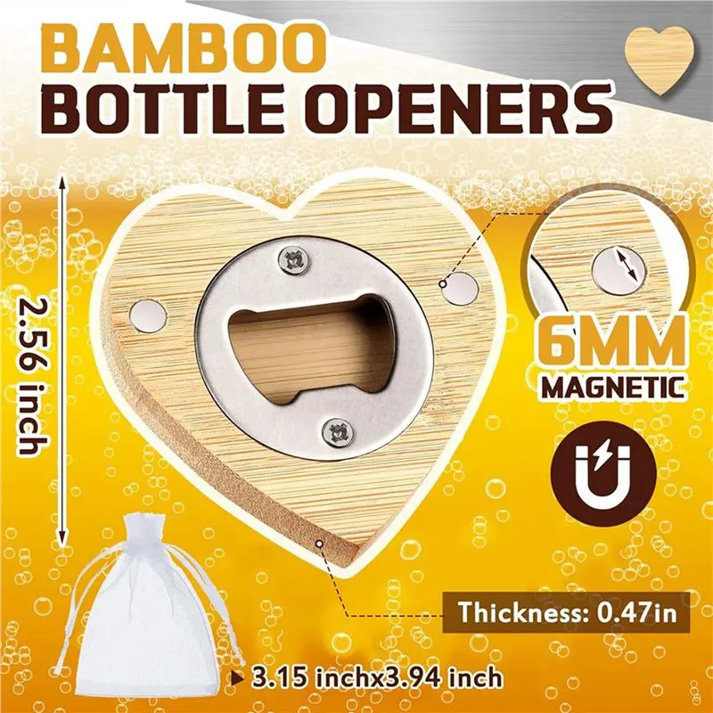 T21C 96 Pcs Magnetic Bottle Opener 2.5In DIY Bamboo Heart Shape Beer Openers Wooden Fridge Magnet Refrigerator Sticker Gift