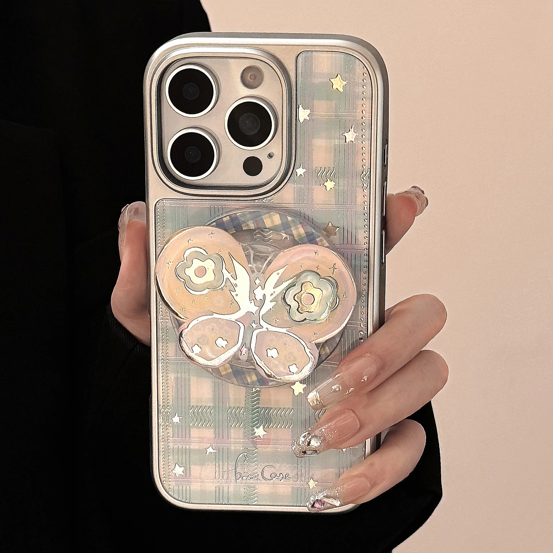 Koreanische Plaid Sterne Magnetische Drehen Schmetterling Halterung Telefon Fall Für iPhone 16 15 14 13 12 Pro Max Stoßfest Schutzhülle