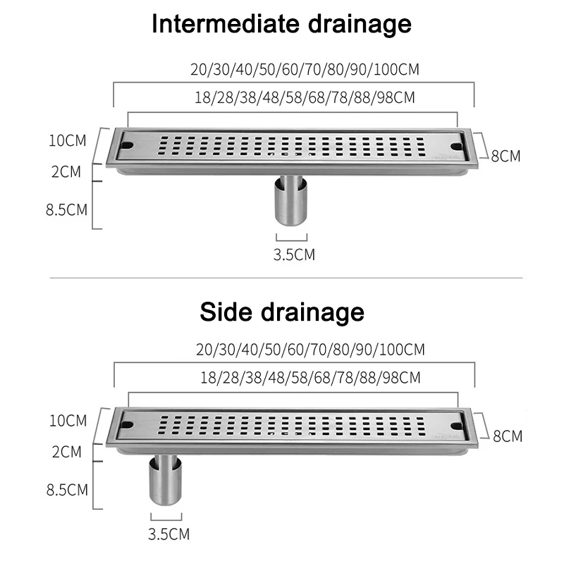 Stainless Steel Floor Drains Anti-odor Shower Drains Bathroom Waste Filter Drainage Long Strip Kitchen Accessories 20-100cm