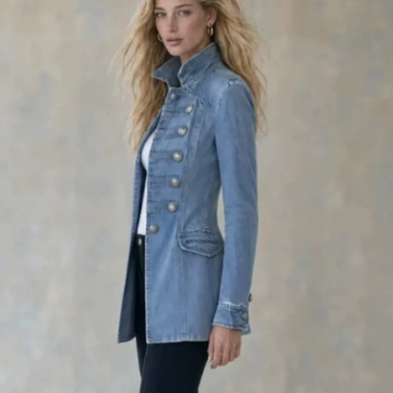 Vintage Casual Women's Coats Tops Spring Fall Casual Slim Fit Light Colored Denim Jacket Decorative Buckle Coat Women Clothing