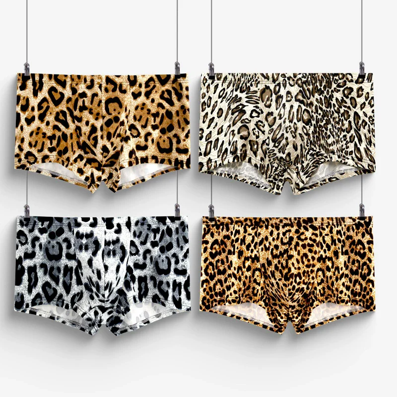 Модные шорты-боксеры с леопардовым принтом, дышащие тонкие мужские трусы из ледяного шелка, U-образные выпуклые трусы, сексуальные быстросохнущие трусики