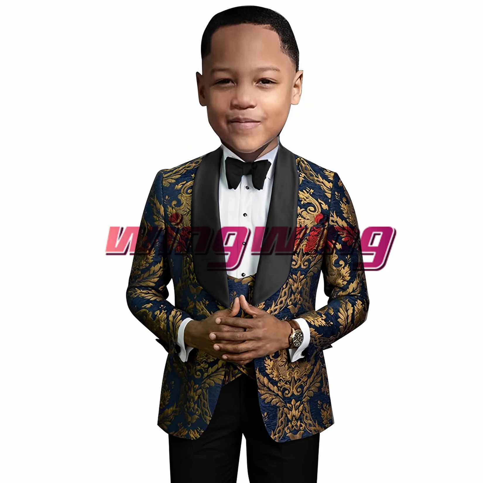 Suit Boys Gold Print Jacket Pant Vest Bow Tie Four Pack Wedding Formal Tuxedo High Quality Blazer for Kids