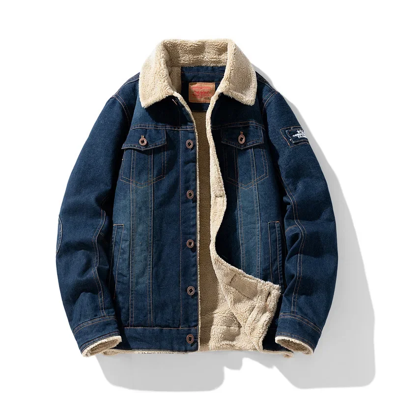 MaiDangDi Classic American Vintage Washed Cotton Autumn and Winter Lamb Fleece Denim Men Plush Warm Flip Collar Kurtka młodzieżowa