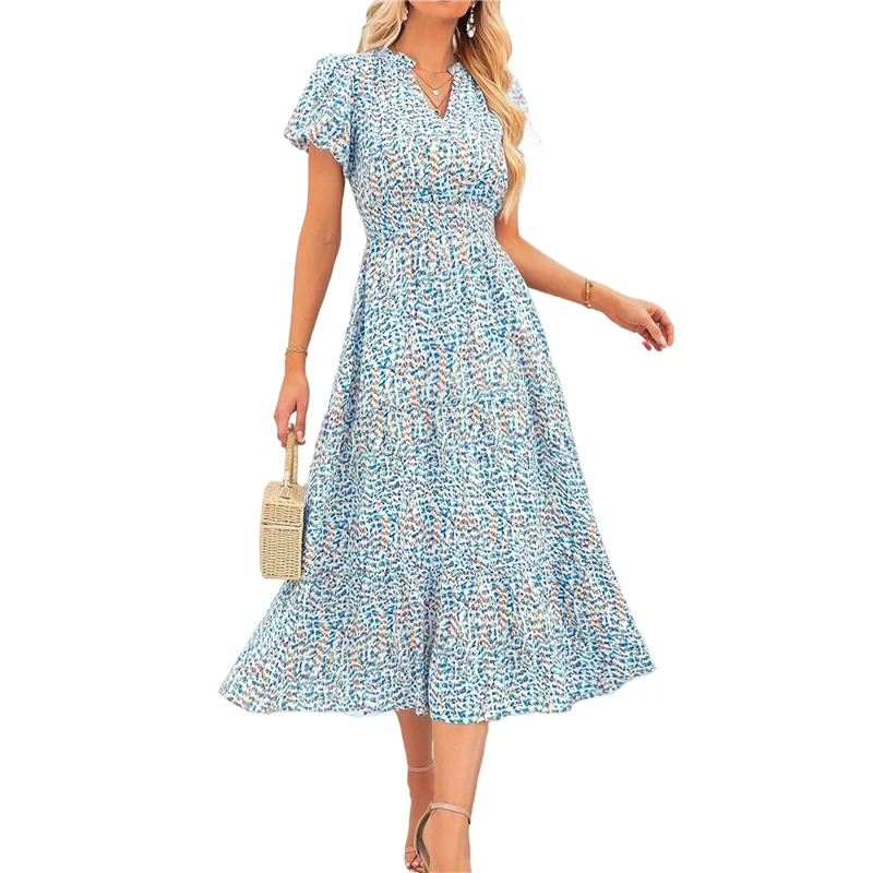 Intuitive Summer For Women 2025 Casual V Neck Puff Short Sleeve Smocked Flowy Beach Boho Long Floral Maxi Dress