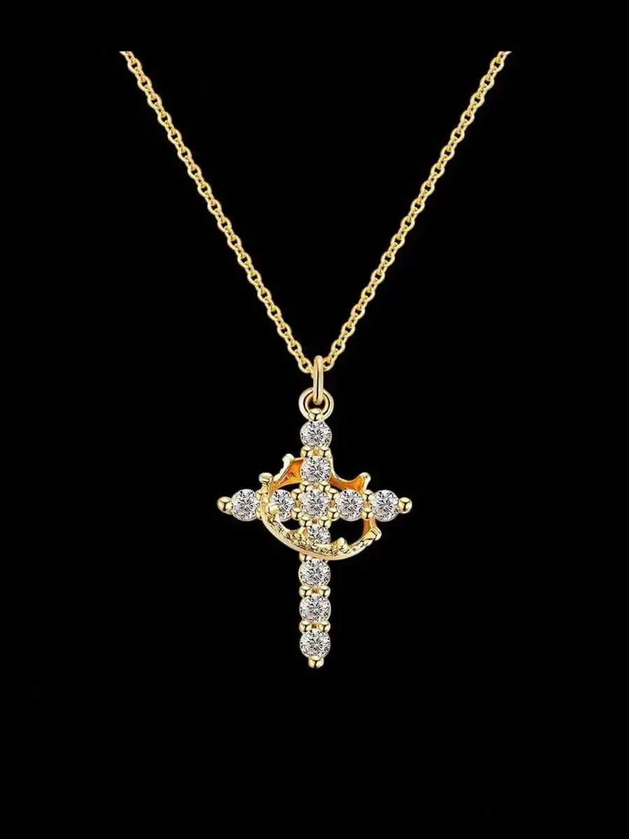 Mother's Day Gifts For Mom Upgraded Crown Cross Necklace For Women 14K Gold Plated Crown Cross Pendant Necklace Simple Diamond G