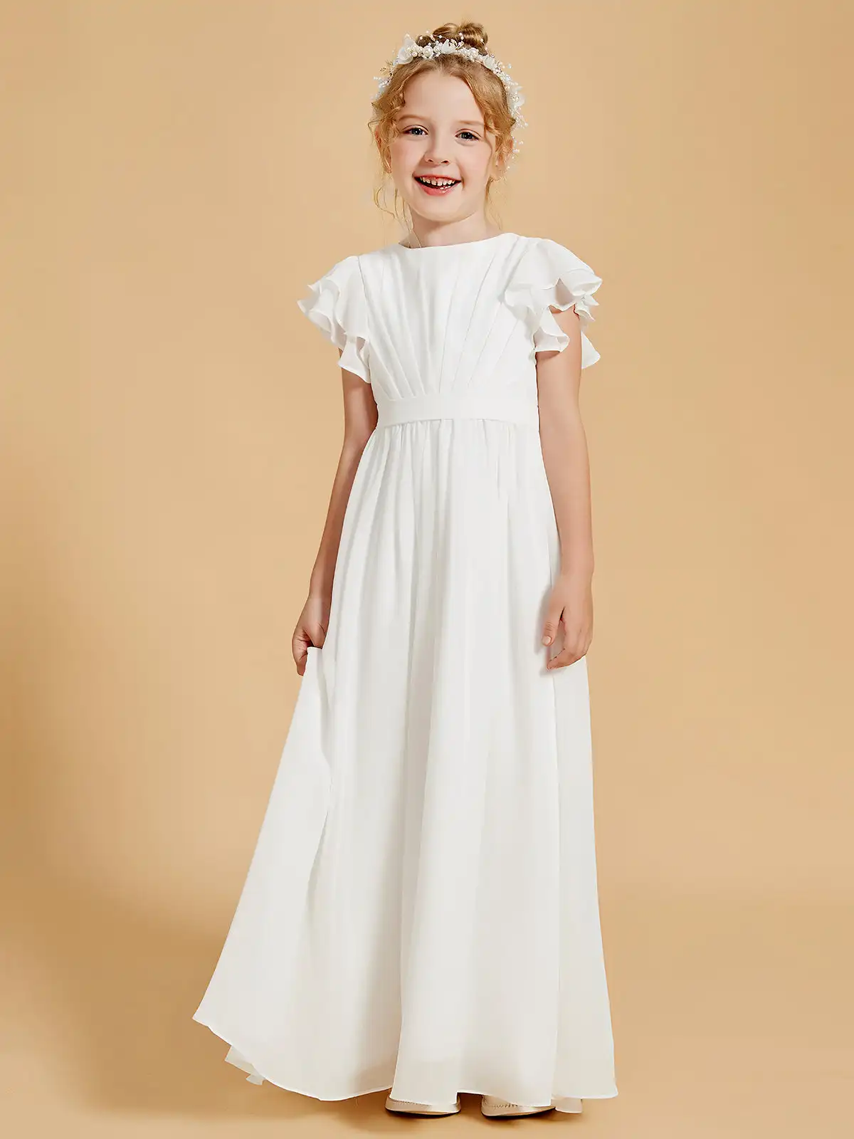 

Ruffles Scoop Neck Flutter Sleeves Chiffon Flower Girl Dress Floor-length Wedding Dresses Ruched Children Birthday Party Gowns