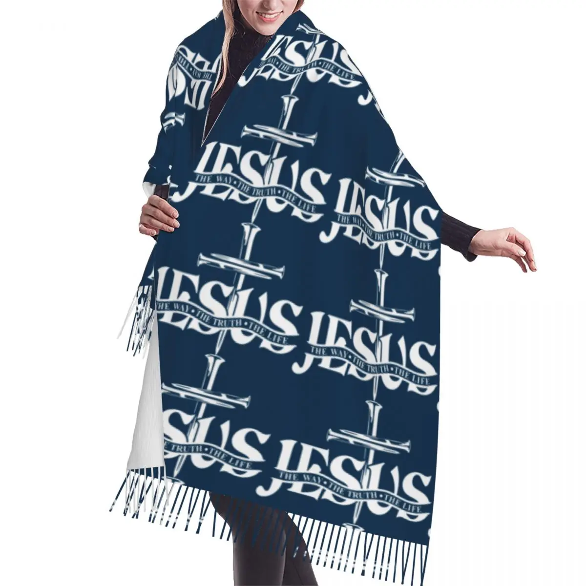 Jesus The Way The Truth The Life Tassel Scarf Women Winter Fall Warm Shawls Wraps Lady Religion Cross Christian Faith Scarves