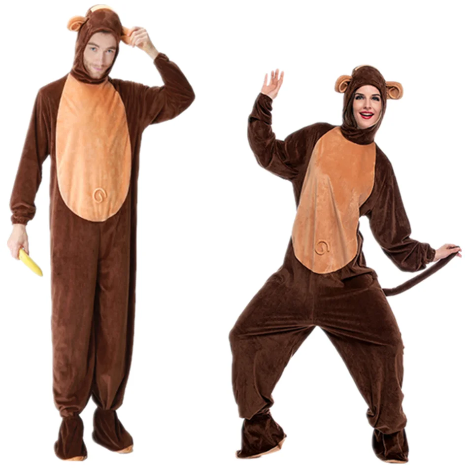 

Men's Women's Couple Pajamas Set Animal Brown Monkey Cosplay Role Playing Costume Funny Show Jumpsuit Adult Home Warm Set