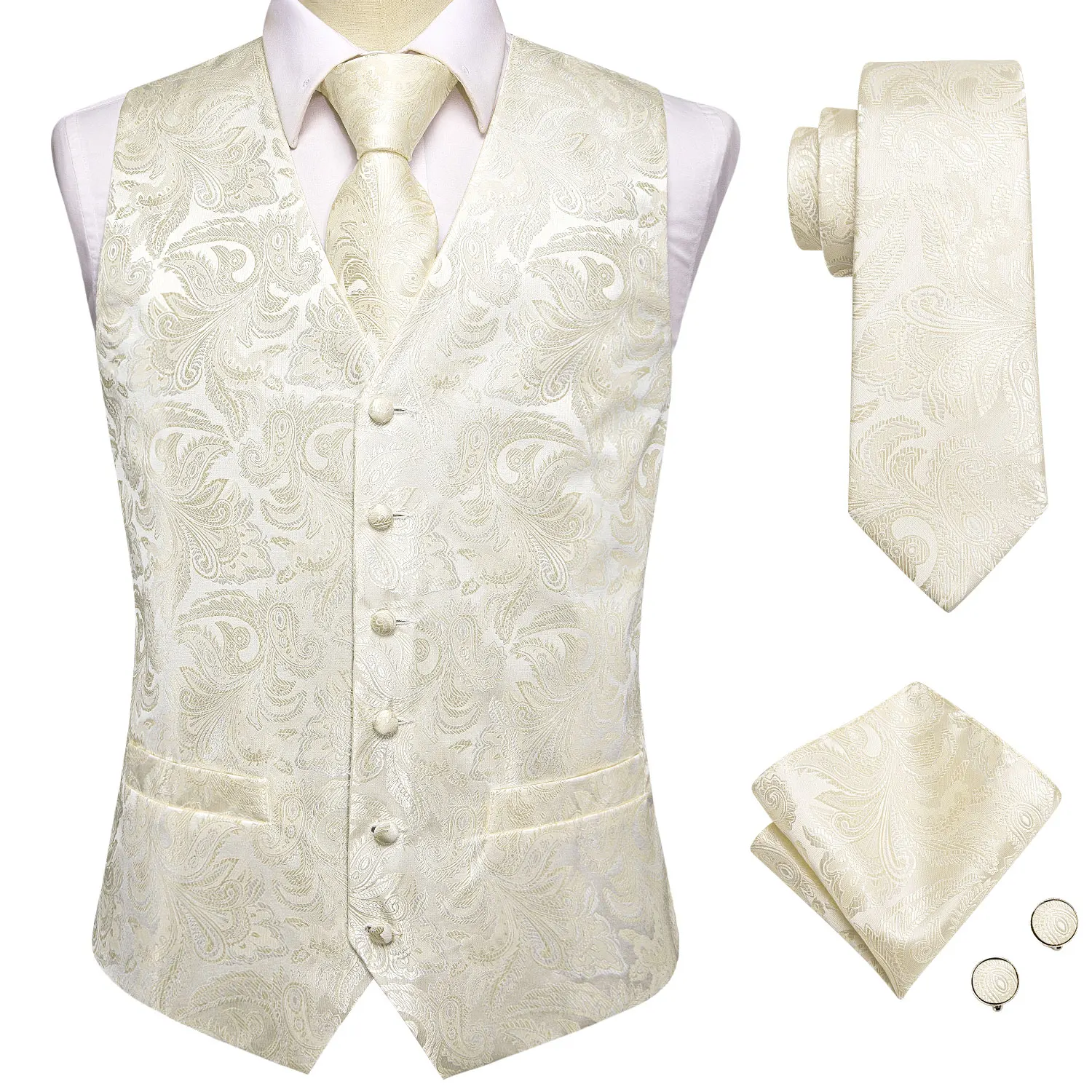 Elfenbeinfarbene goldene Paisley-Jacquard-Weste mit V-Ausschnitt, 4-teiliges Set mit Krawatte, Einstecktuch und Manschettenknöpfen für Champagner-Hochzeit, Brautparty, Frühlingsbankett – Detail 3