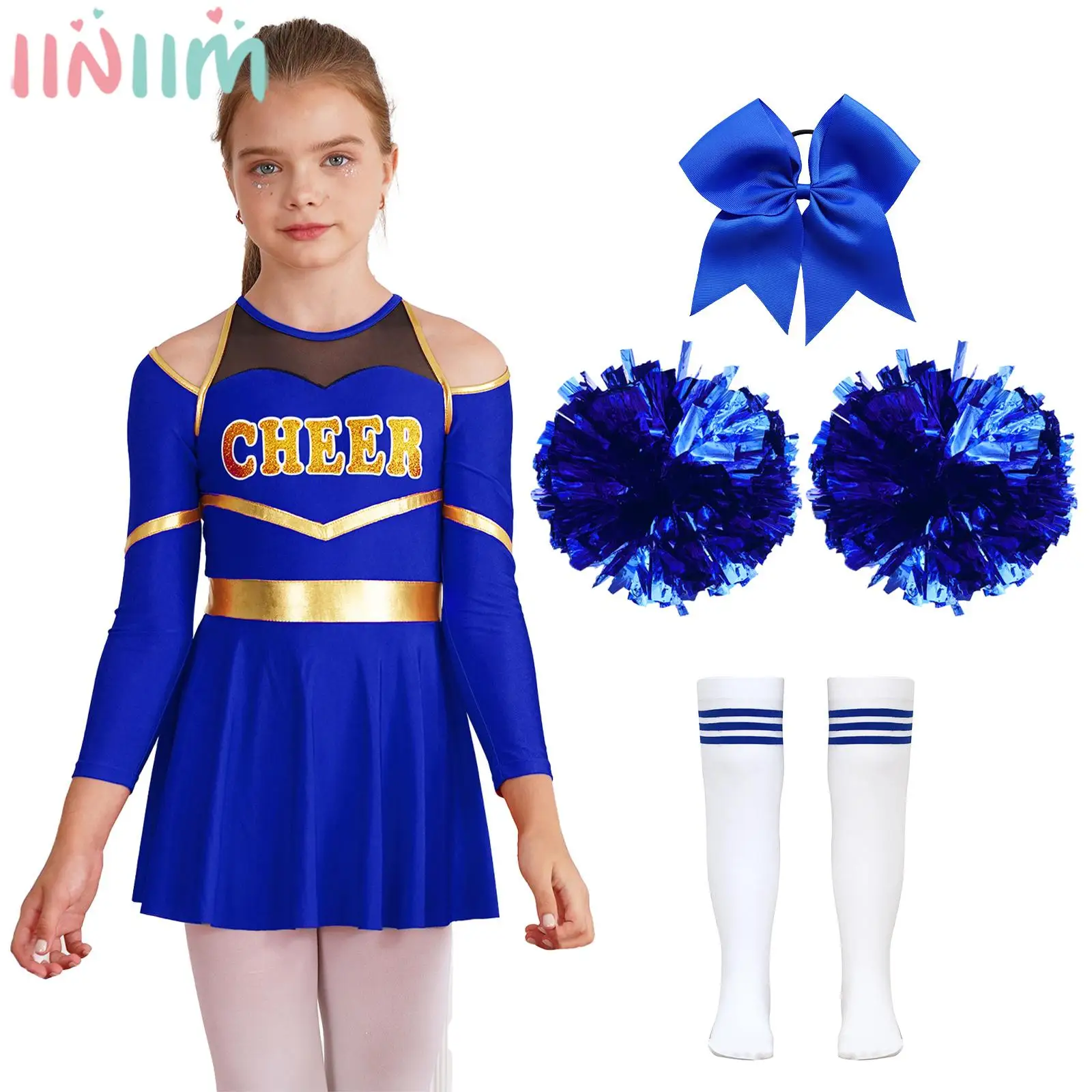 

Girls Cheerleading Jazz Dance Uniform Long Sleeve Leotard Dress with Headwear Flowers Socks Sports Meeting Performance Outfit