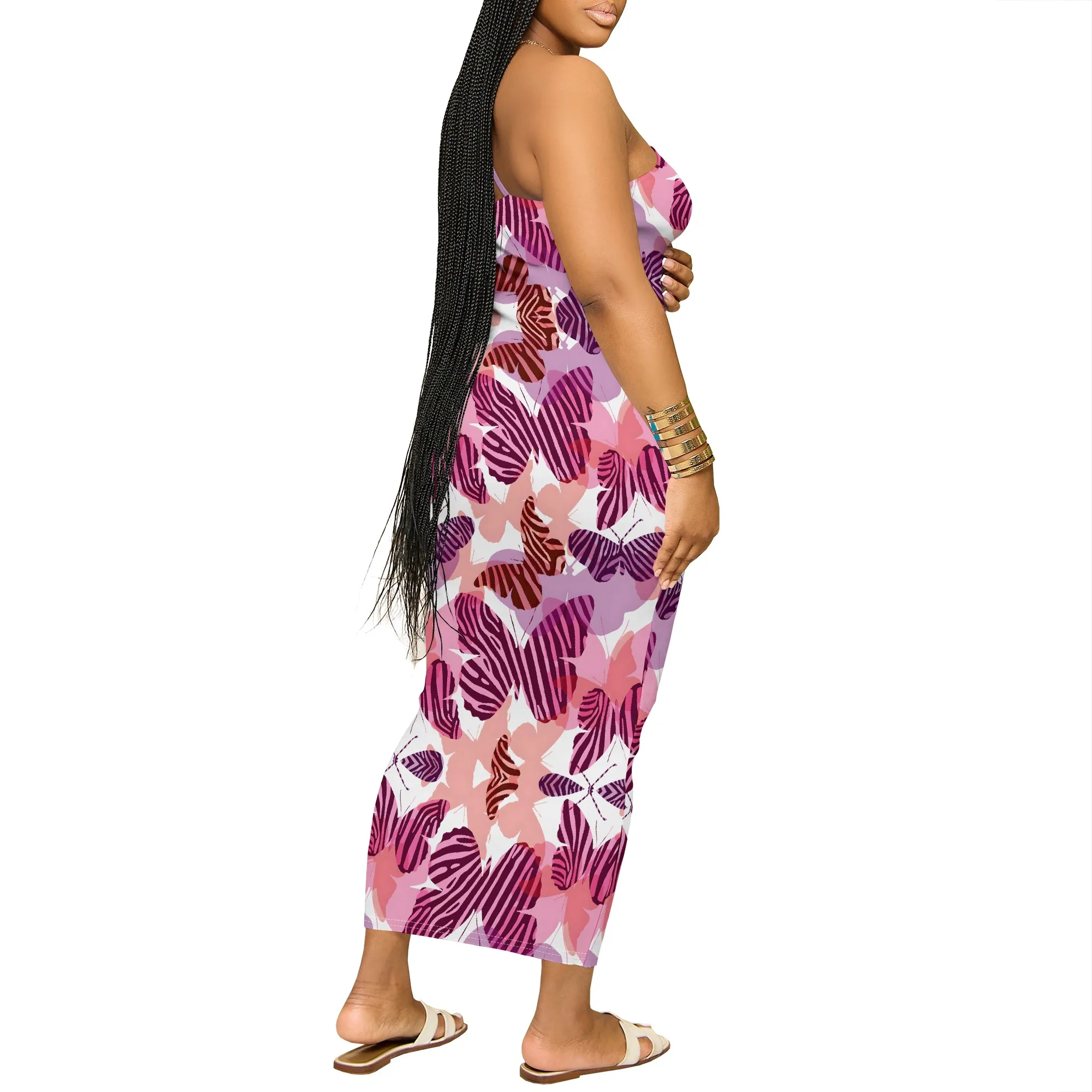 فستان ماكسي بحزام سباغيتي مطبوع على شكل فراشة للنساء بدون أكمام بقصة ضيقة ملابس شاطئ للعطلات