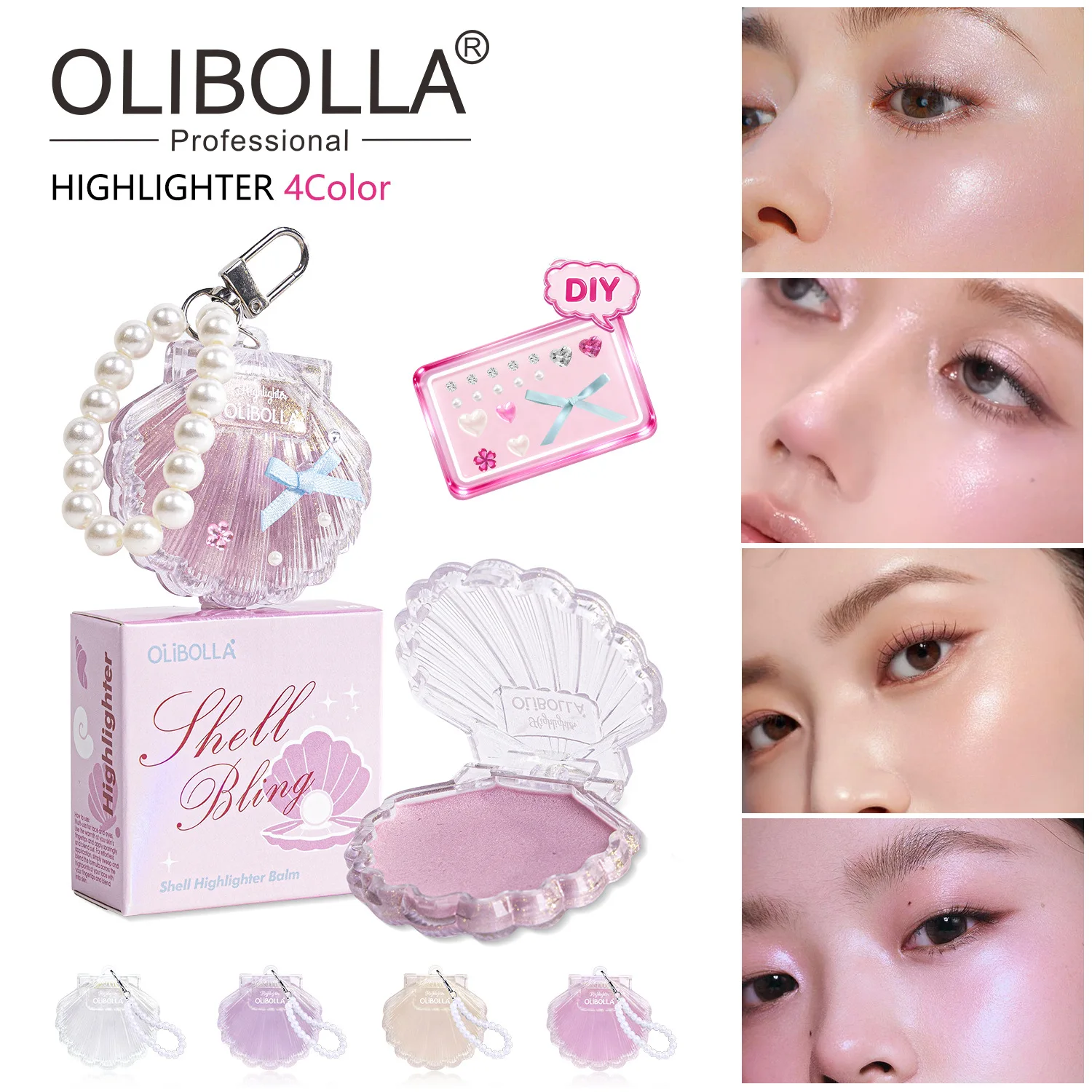 OLIBOLLA Shell Highlighter Cream, Shimmer Face High‑lighter Blush Powder, Brightening Luminous Makeup Cosmetic