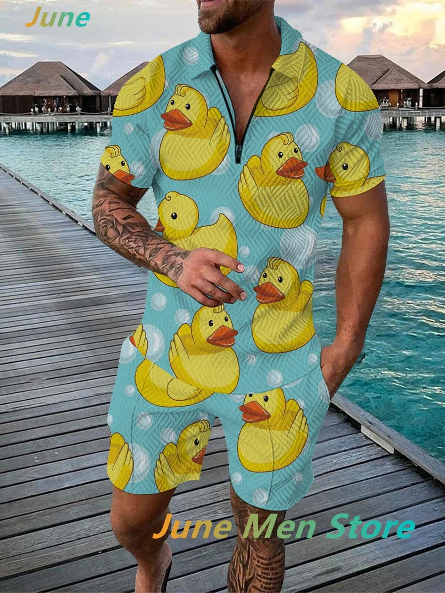 2024 Hot Men\'s 3D Duck Patterned Summer Sportswear,Polo Shirt And Round Neck Shorts Set,Zipper Casual Wear,Elegant Suit Set