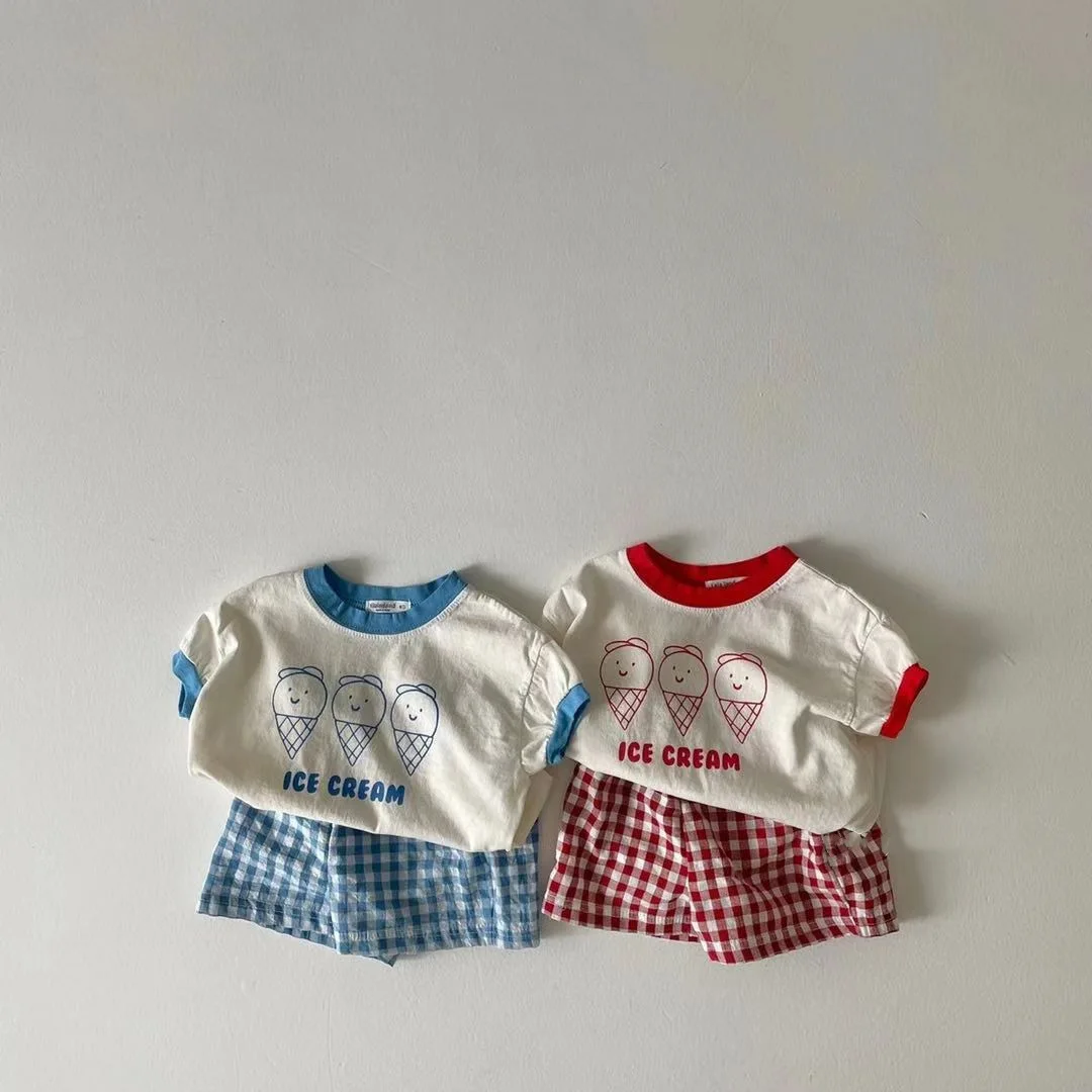 2024 Summer New Baby Cute Ice Cream Print Clothes Set Infant Boy Short Sleeve T Shirt 2pcs Set Cotton Baby Girl Plaid Shorts Set