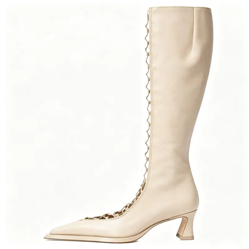 2026 Summer Women Glossy PU Cut-out Lace Up Knee High Sandal Boots Pointed Toe Mid Block Heel Anti-slip Rubber Sole F292